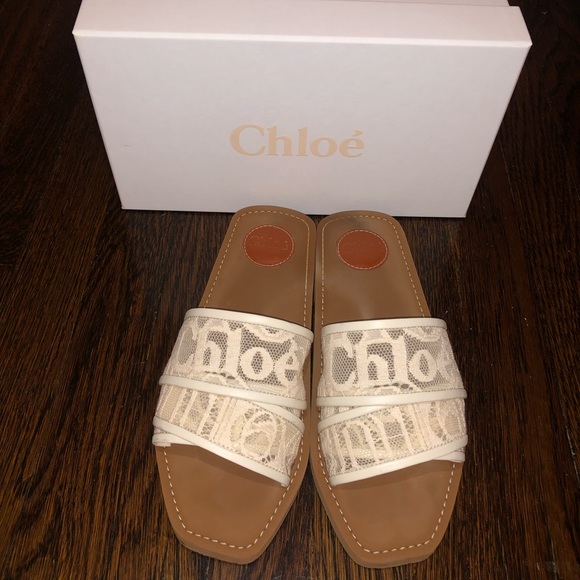 Chloe Shoes - Chloe Woody flat mule sandal in lace, Size 40 EU